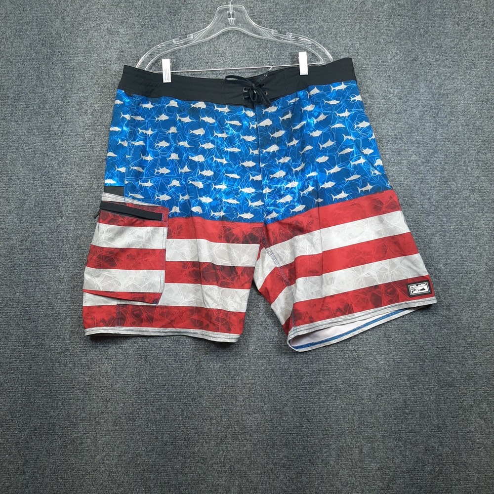 Pelagic Board Shorts High Performance 40 Red White Blue Mens American Flag Shark